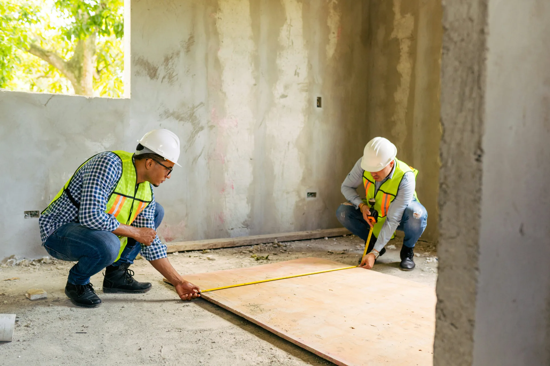 crew measuring a basement subfloor before a concrete pour in Gatineau